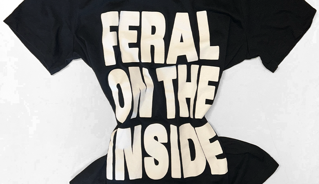 Picture of a t-shirt with the writing "FERAL ON THE INSIDE"