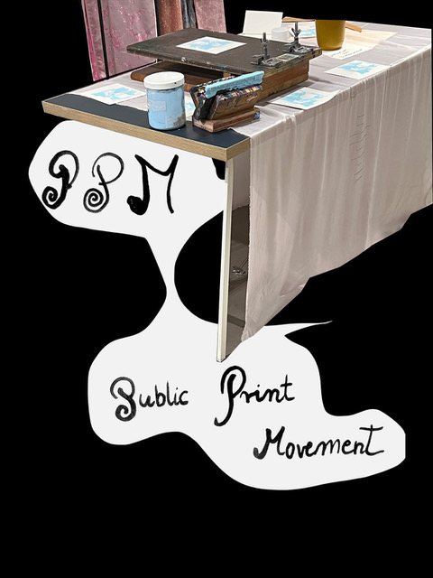 PPM logo and ‘Public Print Movement’ lettering. Alongside this, a table with screen-printing materials